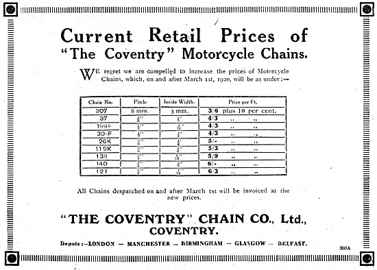 Coventry Chain Motor Cycle Chains 1920 Advert                    
