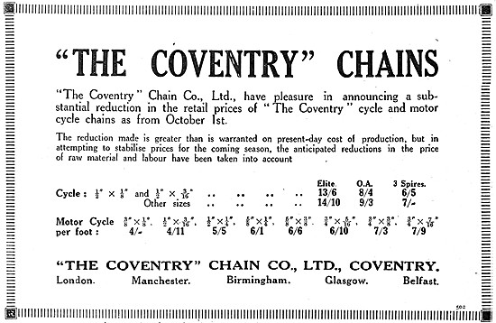 Coventry Chain Motor Cycle Chains 1921                           