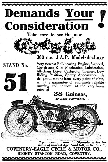 Coventry-Eagle 300 cc JAP Model-De-Luxe Motor Cycle              