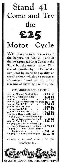 Coventry-Eagle Motor Cycles 1929 Models & Prices                 