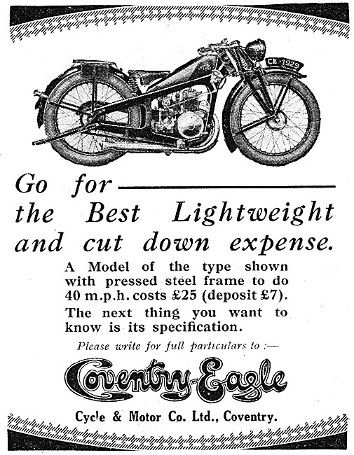 Coventry-Eagle Pressed Steel Frame Lightweight Motor Cycle 1929  