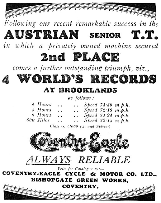 1929 Coventry-Eagle Motor Cycle Racing Successes                 