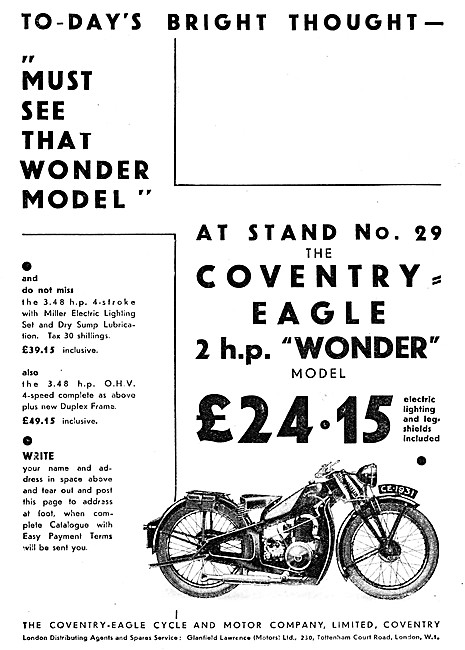 Coventry-Eagle Wonder Motor Cycle 1930 Advert                    
