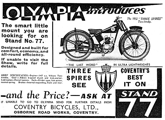 1932 Coventry Three Spires 150 cc Motor Cycle Advert             