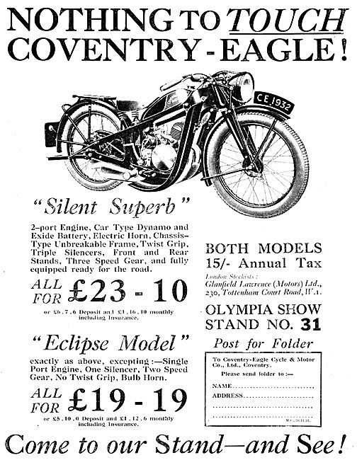 Coventry-Eagle Silent Superb Twin Port Motor Cycles              
