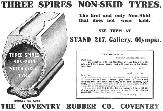 Coventry Three Spires Motor Cycle Tyres 1910 Advert              