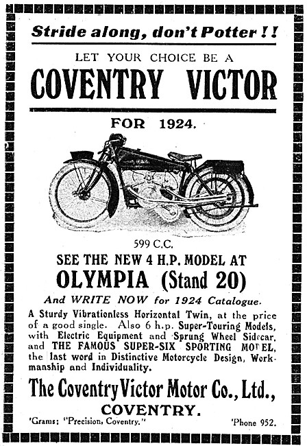 1923 Coventry Victor 600 cc Flat Twin Motor Cycle                
