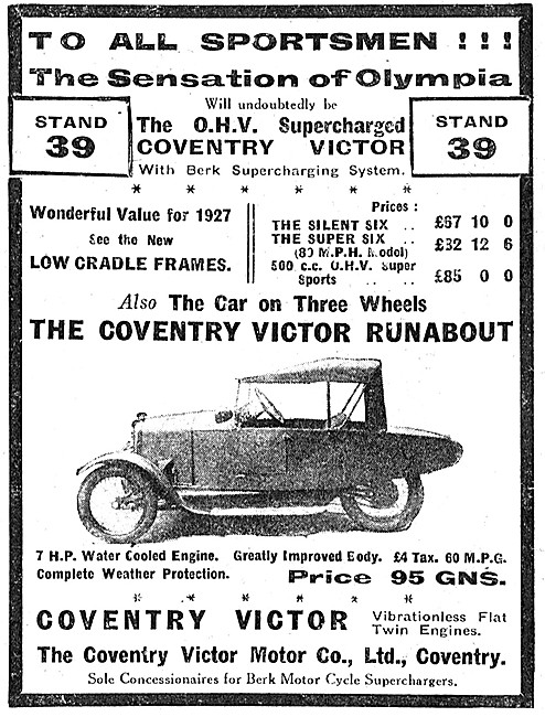 1926 Coventry Victor Runabout 7 hp Three Wheeler Car             