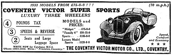 Coventry Victor Super Sports Three Wheelers 1932 Models          