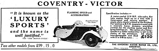 1934 Coventry Victor Luxury Sports Three Wheeler Car             