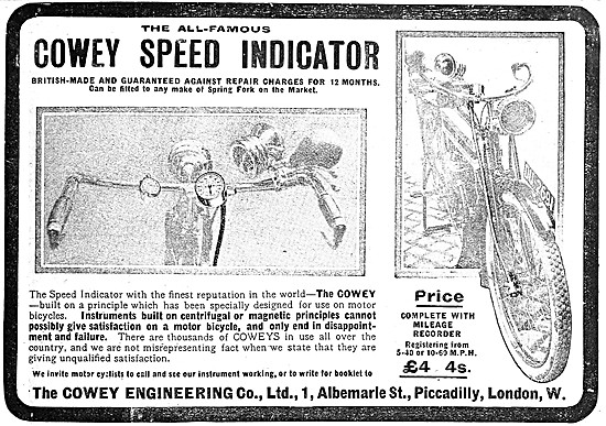 Cowey Instruments - Cowey Motor Cycle Speedometers 1910 Advert   
