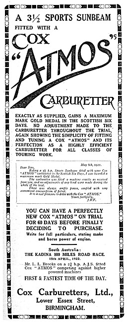 Cox Atmos Carburetters 1922                                      