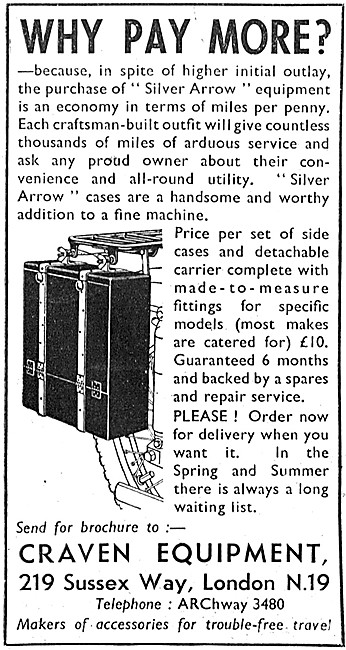 Craven Motor Cycle Panniers 1952 Advert                          