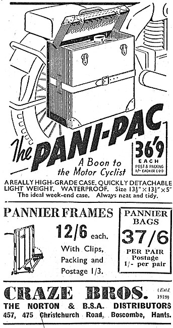 Craze Brothers Pani-Pac Motor Cycle Panniers 1950                