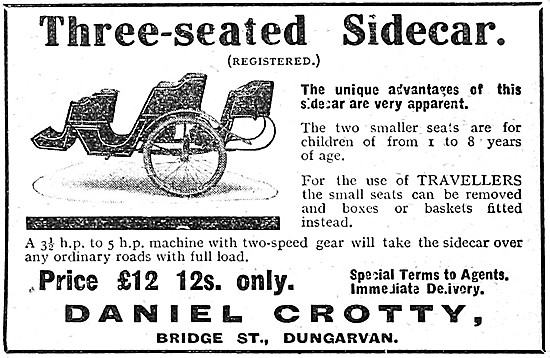 Daniel Crotty Three-Seater Sidecars 1912 Advert                  