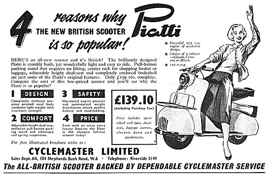 1957 Cyclemaster Piatti 125 cc Motor Scooter                     