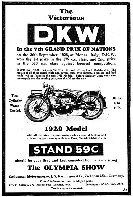 DKW 500 cc Twin Cylinder vWater-Cooled Motor Cycles              