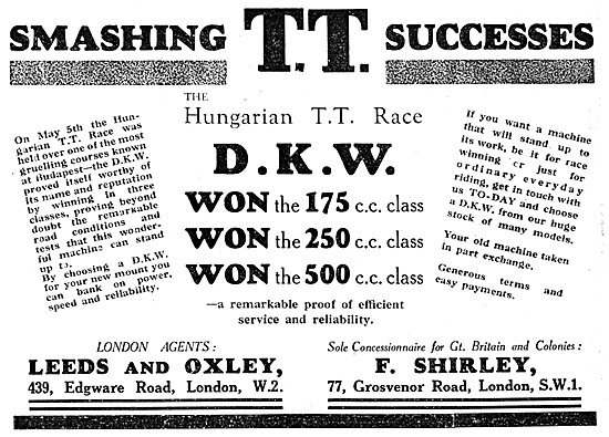 DKW Motor Cycle Racing Successes 1929                            