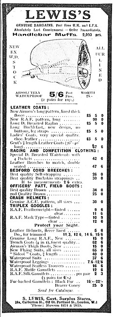 S.Lewis Motor Cycle Clothing 1924 Catalogue Items                