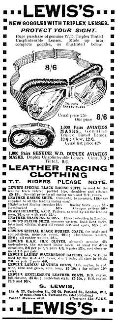 Lewis's Motor Cycle Racing Clothing 1927                         