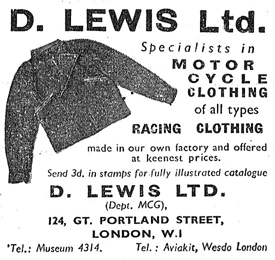 D.Lewis Motor Cycle Clothing 1950 Advert                         