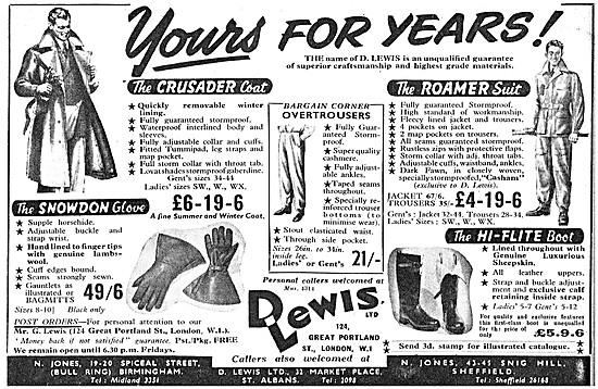 Lewis Leathers - D.Lewis Motorcycle Clothing 1953 Advert         