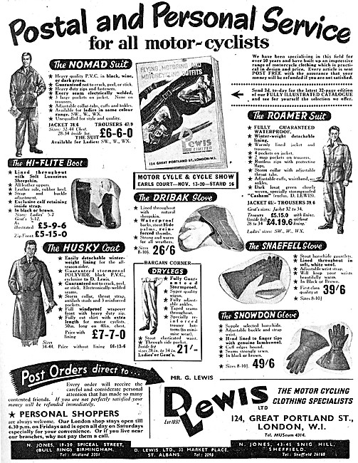 D.Lewis Motor Cycle Clothing Specialists - 1954 Catalogue Items  