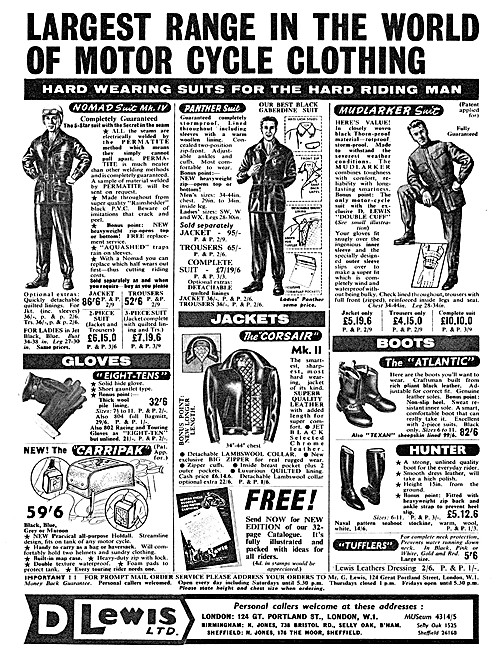 Lewis Leathers Motorcycle Clothing 1962 Styles                   