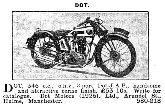 1928 Dot-JAP 346 cc OHV Two-Port Motor Cycle                     