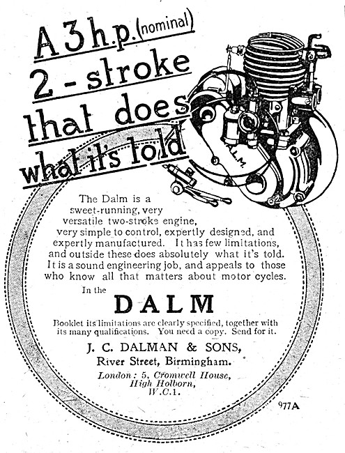 Dalman 3 hp DALM Two-Stroke Motor Cycle Engines 1920 Advert      
