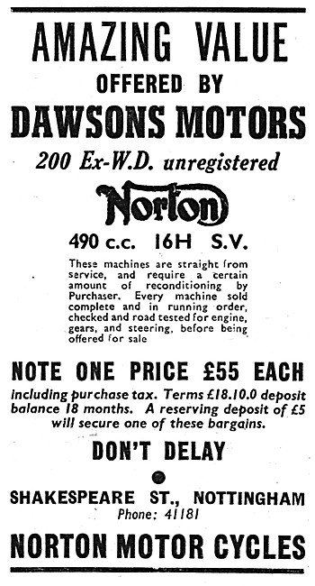 Dawsons Motors Ex W.D. Motor Cycles. Shakespeare St, Nottingham  