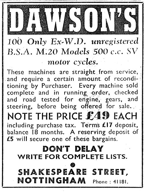 Dawsons Motors Ex Military Motor Cycles - Dawsons Motors M20 500 