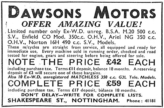 Dawsons Motors Ex Military Motor Cycles - Dawsons Motors Nottm   