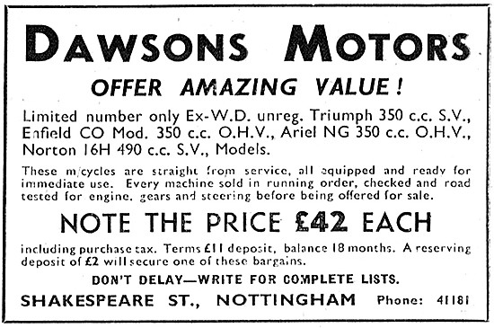 Dawsons Motors Ex Military Motor Cycles - Dawsons Motors Nottm   