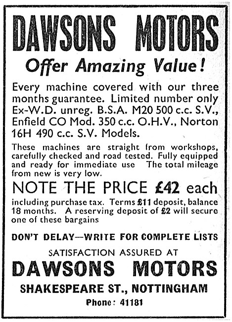 Dawsons Motors Ex Military Motor Cycles - Dawsons Motors Nottm   