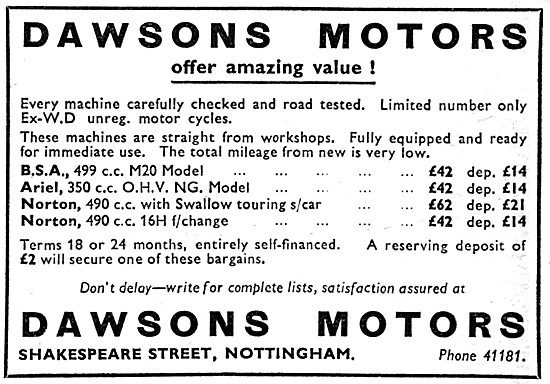 Dawsons Motors Ex WD Motor Cycles - Dawsons Motors Nottm         