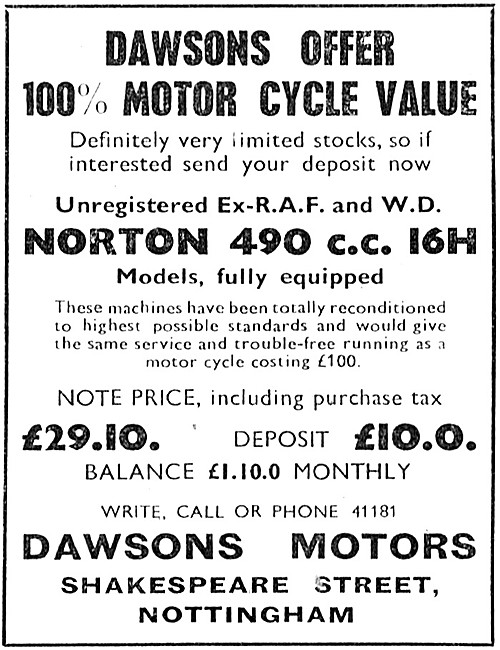 Dawsons Motors Ex Military Motor Cycles - Dawsons Motors Nottm   