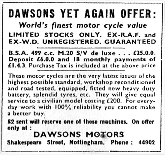 Dawsons Motors Ex Military Motor Cycles - Dawsons Motors Nottm   