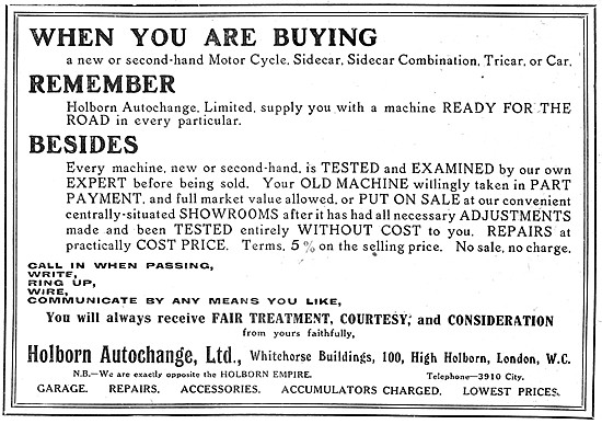 Holborn Autochange Motor Cycle Sales 1910 Advert                 
