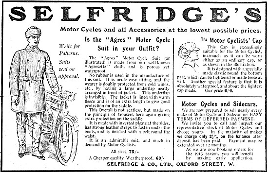 Selfridges Motor Cycle Sales & Clothing 1912                     