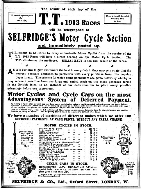 Selfridges Motor Cycle Section 1913 Advert                       