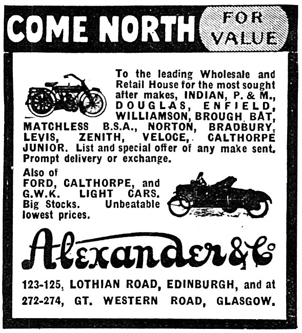 Alexander & Co Motor Cycle Sales. Lothian Road, Edinburgh. 1914  