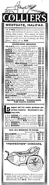 Colliers Motor Cycle Sales. Westgate Halifax. 1914 Advert        