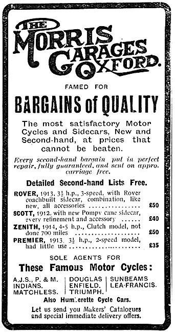 The Morris Garages Oxford. Motor Cycle Sales 1914 Advert         