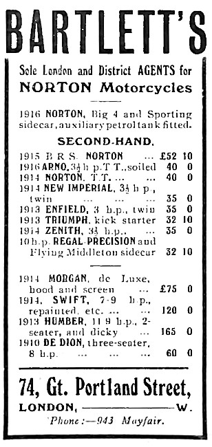 Bartletts Motor Cycle Sales. 74 Great Portland St, London        