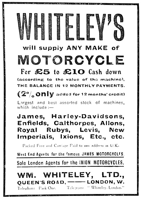 William Whiteley Motor Cycle Sales. Queens Rd, London. W. 1916   