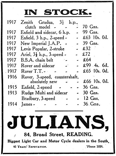 Julians Motor Cycle Dealers. 84, Broad St, Reading               