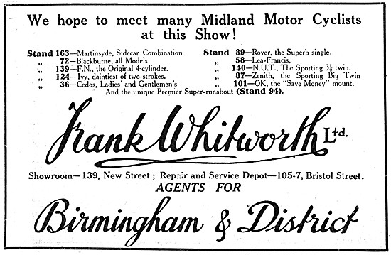 Frank Whitworth Motor Cycle Sales Birmingham 1920                