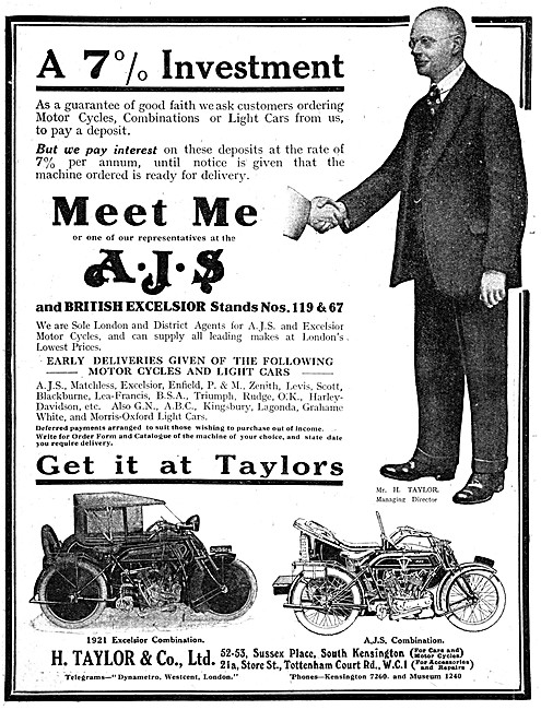 H.Taylor Motor Cycle Sales & Main Agents 1920 Advert             