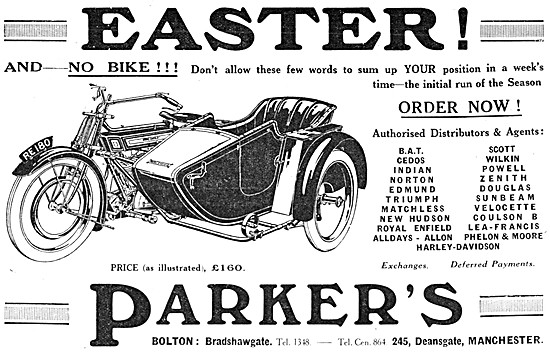 Parkers. 245 Deansgate, Manchester. Motor Cycle Sales 1921 Advert